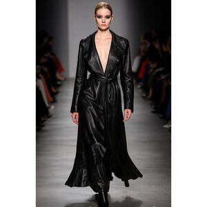 GIAN MORI Black Genuine Leather Maxi Coat  Runway Style Made in Europe, Belted S